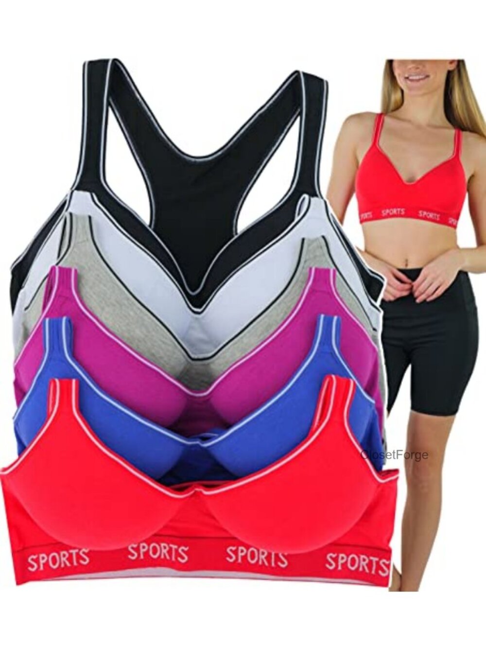 Pack of 6 Women's Sports Bras Racerback High Support Polyester Spandex